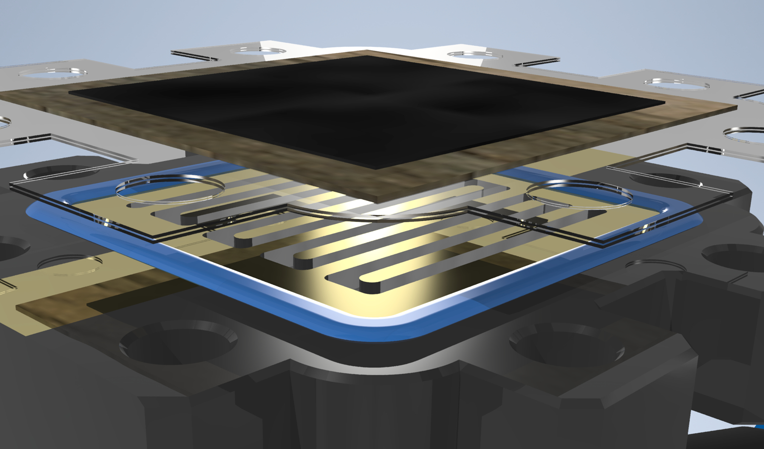 CAD-Modell des zentralen Sensorzell-Bauteils im Kontakt zur MEA